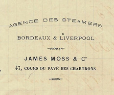 1875 NAVIGATION JAMES MOSS EXPEDITION ARMATEUR EAU DE VIE ALCOOL  NAVIRES VAPEUR STEAMERS BORDEAUX LIVERPOOL BOMBAY INDE - 1800 – 1899