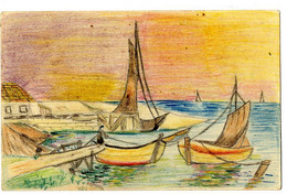 PAYSAGE MARINE   DESSIN AU CRAYON   SUR CARTE POSTALE  ANCIENNE  -  PAS DE SIGNATURE - Dessins