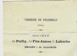 1873 INDUSTRIE ET VINS FINS VERRERIE DE FOLEMBRAY AISNE BOUTEILLES VINS DE CHAMPAGNE Pour Prieur à Vertus Marne - 1800 – 1899