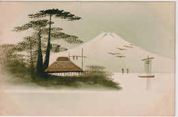 JAPAN - Untitled Gold And Black Embossed View Of Three Trees, House And Fuji Plus Boat And Birds (2) - Zonder Classificatie