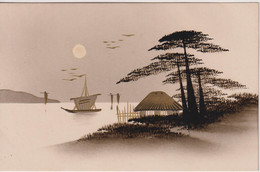JAPAN - Untitled Gold And Black Embossed View Of Three Trees, House And Fuji Plus Larger Boat, Sun And Birds - Ohne Zuordnung