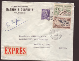 Lettre Par Exprès  Aff 50f Aviron, 40f Canoë, 5f Marianne  ʘ Roubaix 27.08.1954 -> Wangen A. Aare (CH) - ʘ Lille à Paris - 1921-1960: Modern Period