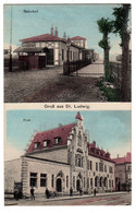 68-Gruss Aus St.Ludwig- Salutations De St-Louis-  2 Vues :  Bahnhof  - Post  - Gare -Poste  CPA  1919 - Saint Louis