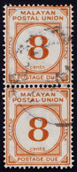 MLAYAN POSTAL UNION 1945 8c Postage Due P14.5x14 Sc#J16 Pair - USED @E928 - Malayan Postal Union