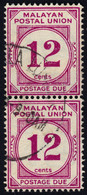 MLAYAN POSTAL UNION 1954 12c Postage Due P14 Sc#J26 Pair - USED @E788 - Malayan Postal Union