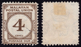 MLAYAN POSTAL UNION 1962 4c Postage Due P12.5 Sc#J23a - USED @E709 - Malayan Postal Union