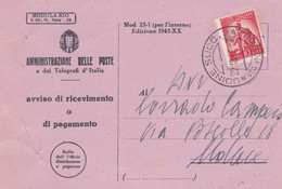 UDINE - STORIA POSTALE - AVVISO DI RICEVIMENTO O DI PAGAMENTO - V.G. PER UDINE - Interi Postali