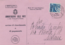 UDINE - STORIA POSTALE - AVVISO DI RICEVIMENTO O DI PAGAMENTO - V.G. PER UDINE - Interi Postali