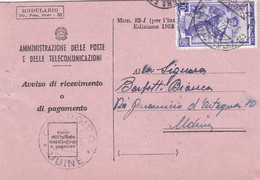 UDINE - STORIA POSTALE - AVVISO DI RICEVIMENTO O DI PAGAMENTO - V.G. PER CODROIPO (UDINE) - Interi Postali