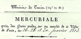 1813 Italie MAIRIE DE TURIN PERIODE FRANCAISE MERCURIALE DES PRIX  DES DENREES SUPERBE IMPRESSION CACHET + SIGNATURE - Italië