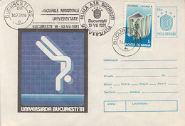 W1842-WORLD UNIVERSITY GAMES, DIVING, SPORTS, COVER STATIONERY, 1981, ROMANIA - Plongée