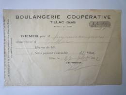 2022 - 1380  RATIONNEMENT  1942  GERS  Boulangerie Coopérative De TILLAC  (Reçu Pour Un De Blé De 12kg)   XXX - Non Classés