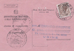 UDINE - STORIA POSTALE - AVVISO DI RICEVIMENTO O DI PAGAMENTO - V.G. PER UDINE - Interi Postali