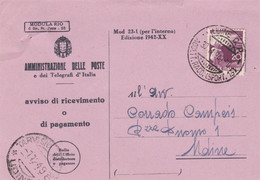 UDINE - STORIA POSTALE - AVVISO DI RICEVIMENTO O DI PAGAMENTO - V.G. PER UDINE - TARVISIO - Interi Postali