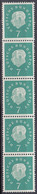 BRD  302 R, Postfrisch **, 5erStreifen Mit Ug. Dreistelliger Nummer Und Ausgleichszähnung Breit, Heuss II, 1959 - Roulettes