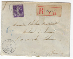 PLOUAY Morbihan Lettre Recommandée Etiquette 35 C Semeuse Violet Yv 142 Ob 19 4 1913 - Briefe U. Dokumente