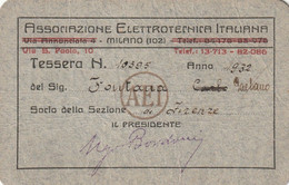 Tessera - Associazione Elettrotecnica Italiana  1932 - Cartes De Membre