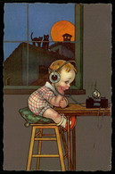 COLOMBO SIGNED 1920s POSTCARD - KID WITH HEADPHONES  & BLACK CATS - N.2077/4 ( 2576) - Colombo, E.