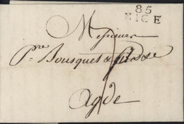 Département Conquis Révolution Marque Postale Noire 85 NICE Alpes Maritimes Dimension 20 1810 Pour Agde Taxe 5 - 1792-1815: Dipartimenti Conquistati