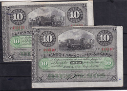 Billetes. Dos Billetes De 10 Pesos Cada Uno Del Banco Español En C. - Altri – America