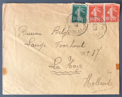 France N°137 Et 138 (x2) Sur Enveloppe TAD POSTE MILITAIRE BELGIQUE 1918 Pour La Haye, Hollande - (A1719) - 1877-1920: Période Semi Moderne