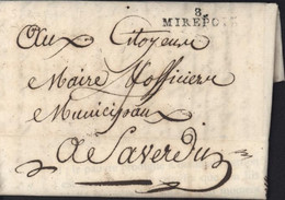 Ariège Marque Postale Noire 8 MIREPOIX Dimension 31X7 An 2 Taxe Manuscrite 4 Administration District - 1701-1800: Précurseurs XVIII