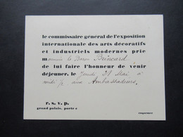 1925 Einladungskarte De L'Exposition Internationale Des Arts Decoratifs Et Industriels Modernes Grand Palais Dejeuner - Historical Documents