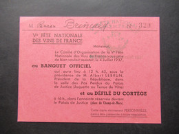 1937 Einladungskarte Fete Nationale Des Vins De France Au Banquet Officiel Sous La Presidence Albert Lebrun - Historical Documents