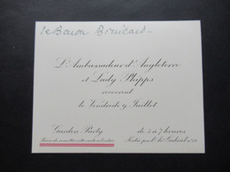 1937 Einladungskarte Botschafter Ambassadeur D'Angleterre Et Lady Phipps Garden Party Für Baron Brincard - Historical Documents