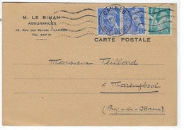 CANNES Carte Postale Entête Assurance Le Bihan 10c Mercure Bleu 1F Iris Turquoise Yv 546 650 Ob 27 10 1944 - Covers & Documents