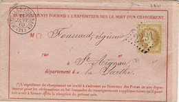 1869- Avis Rose Des P T T De MAROLLES-LES-BRAUX( Sarthe ) Cad T15 Affr. N°28 Oblit. G C 2231 - 1849-1876: Periodo Classico
