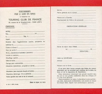 VP - Fiche De Renseignements Pour Le Guide Des Hôtels Touring Club De France - Tourisme Hôtel - Sports & Tourisme