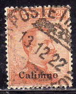 COLONIE ITALIANE EGEO CALINO CALIMNO 1921 1922 SOPRASTAMPATO ITALIA ITALY CENT 20c FILIGRANA WATERMARK USATO USED OBLIT - Ägäis (Calino)