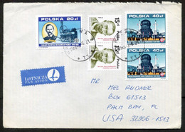 Poland Warszawa 1989, Steam Locomotive & Railways Stamp Air Mail Cover Used To USA | Mi 3170, 3177, 3183 | Industry - Airplanes