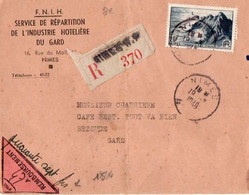 V9CptL  Enveloppe Recommandé Avec Vignette "remboursement" 7frs Industrie Hoteliere Gard Rue Du Mail à Nimes 1948 - Zonder Classificatie