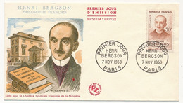 FRANCE - Env. FDC - 50F Henri Bergson - 7 Novembre 1959 - PARIS - 1950-1959