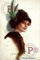 ILLUSTRATEUR Court BARBER- ART NOUVEAU -FEMME AVEC CHAPEAU A PLUME - Barber, Court