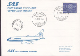 Denmark SAS First Danair B737 Flight COPENHAGEN - BERGEN 1977 Cover Brief BERGEN (Arr.) Norway Europa CEPT Stamp - Covers & Documents