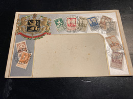 Souvenir De La Belgique Carte Relief Avec Timbres Et Armoiries 1914 - Stamps (pictures)