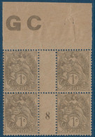 France Type Blanc Bloc De 4 Manchette GC ( Papier Crème) Millésime 8 De 1918 N°107** Type IA 1c Gris Fraicheur Postale - 1900-29 Blanc