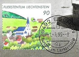 LIECHTENSTEIN 1999 - CARTE MAXIMUM DU VILLAGE D ESCHEN, EGLISE, FONTAINE, TIMBRE A PETIT TIRAGE, VOIR LES SCANNERS - Covers & Documents