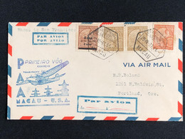 1937 FIRST FLIGHT COVER - MACAO TO SAN FRANCISCO- W/RATE 3.05 PATACAS,  ARRIVAL PROPAGANDA CANCELLATION ON BACK. - Cartas & Documentos