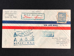 1937 FIRST FLIGHT COVER - MACAO TO GUAM- W/RATE 1 PATACA,  ARRIVAL CANCEL ON BACK. - Covers & Documents