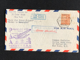 1937 FIRST FLIGHT COVER - MACAO TO HONOLULU- W/RATE 2 PATACA, SINGLE RATE, LARGE ARRIVAL CANCEL ON BACK. - Covers & Documents