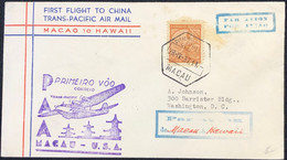 1937 FIRST FLIGHT COVER - MACAO TO HAWAI- W/SINGLE RATE 2 PATACAS, LARGE ARRIVAL CANCEL ON BACK, NICE COVER - Storia Postale