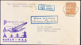 1937 FIRST FLIGHT COVER - MACAO TO HONOLULU-HAWAI- W/SINGLE RATE 2 PATACAS, LARGE ARRIVAL CANCEL ON BACK, NICE COVER - Cartas & Documentos
