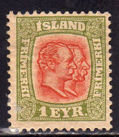 ISLANDA ICELAND ISLANDE 1907 1908 KING CHRISTIAN IX AND FREDERIK VIII EYR 1e MLH - Neufs