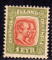 ISLANDA ICELAND ISLANDE 1907 1908 KING CHRISTIAN IX AND FREDERIK VIII EYR 1e MLH - Unused Stamps