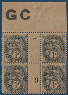 France Type Blanc Bloc De 4 Manchette GC ( Papier Crème) Millésime 9 De 1919 N°107** Type IA 1c Gris Fraicheur Postale - 1900-29 Blanc