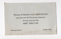 Fleurance (32 Gers)   Faire-part Naissance CASTEX-BOILLAT  1942  (PPP35385) - Nacimiento & Bautizo